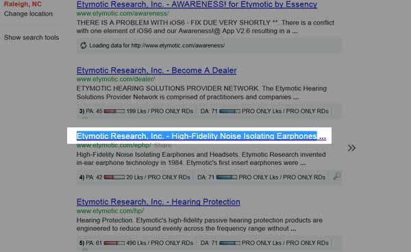 Etymotic Google Listing with h1 as description 