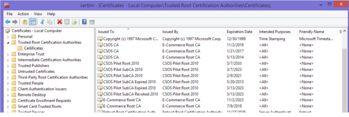 Root and Sub CA certificates correctly installed on a Wondows Machine