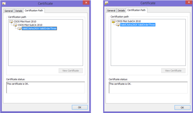 The left screen shot shows Root and Sub CA certificates installed correctly. The "certificate chain" is complete and valid with the root certificate at the top. On the right hand side, the Root and Sub CA certificates are not installed correctly. The sub CA certificate cannot be found.