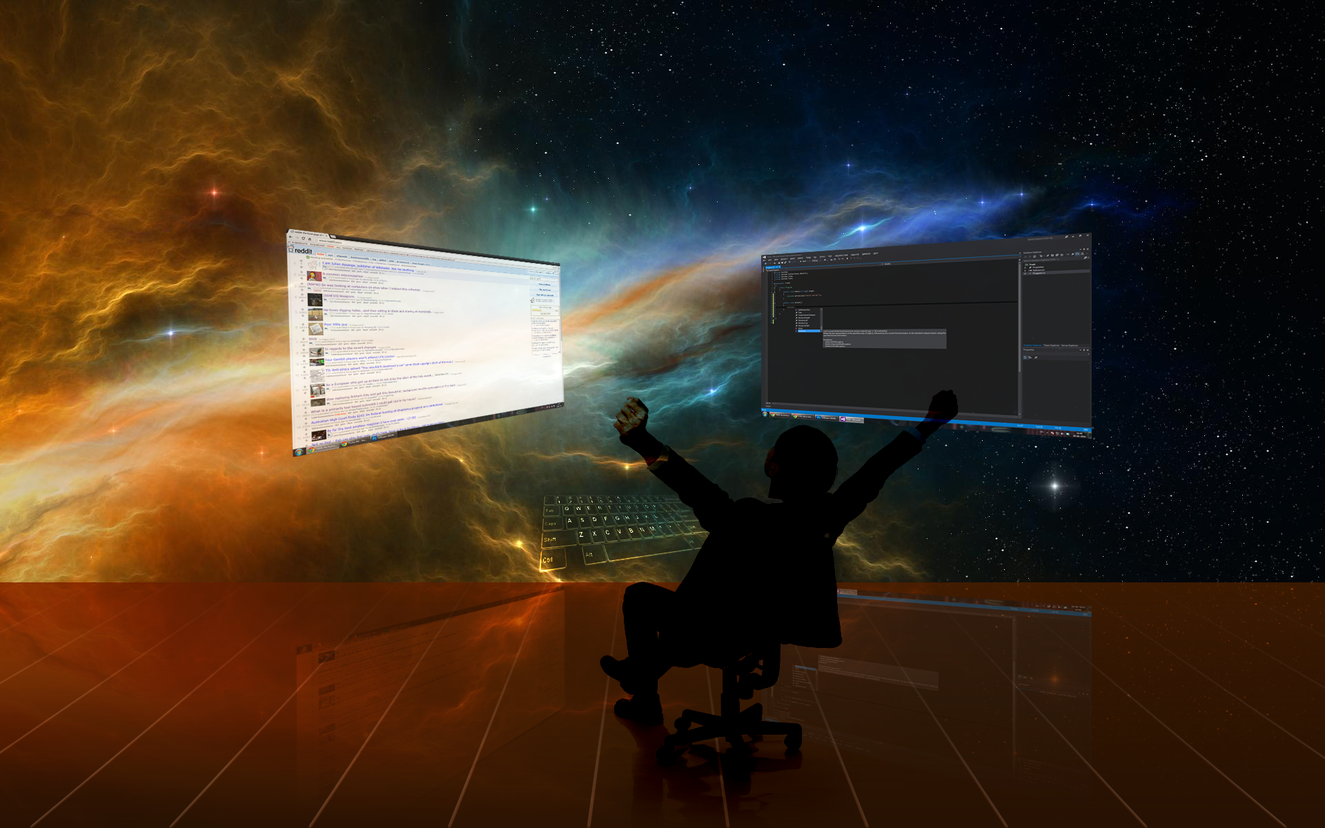 person in chair looking at computer screens and deep space background