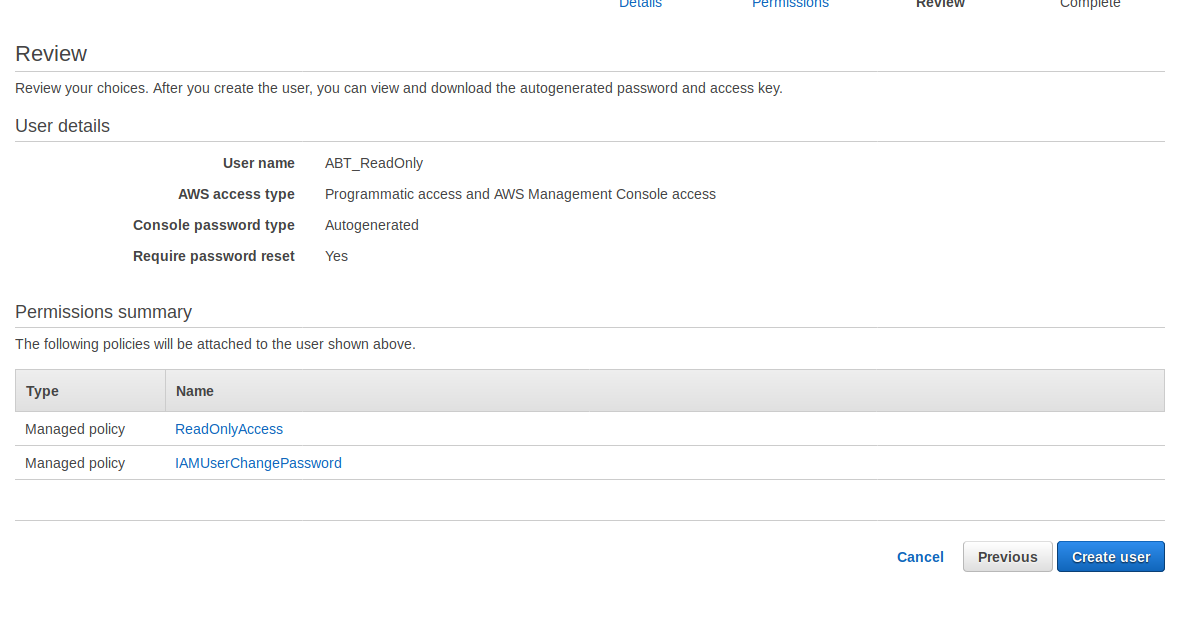 Final create user screen on AWS