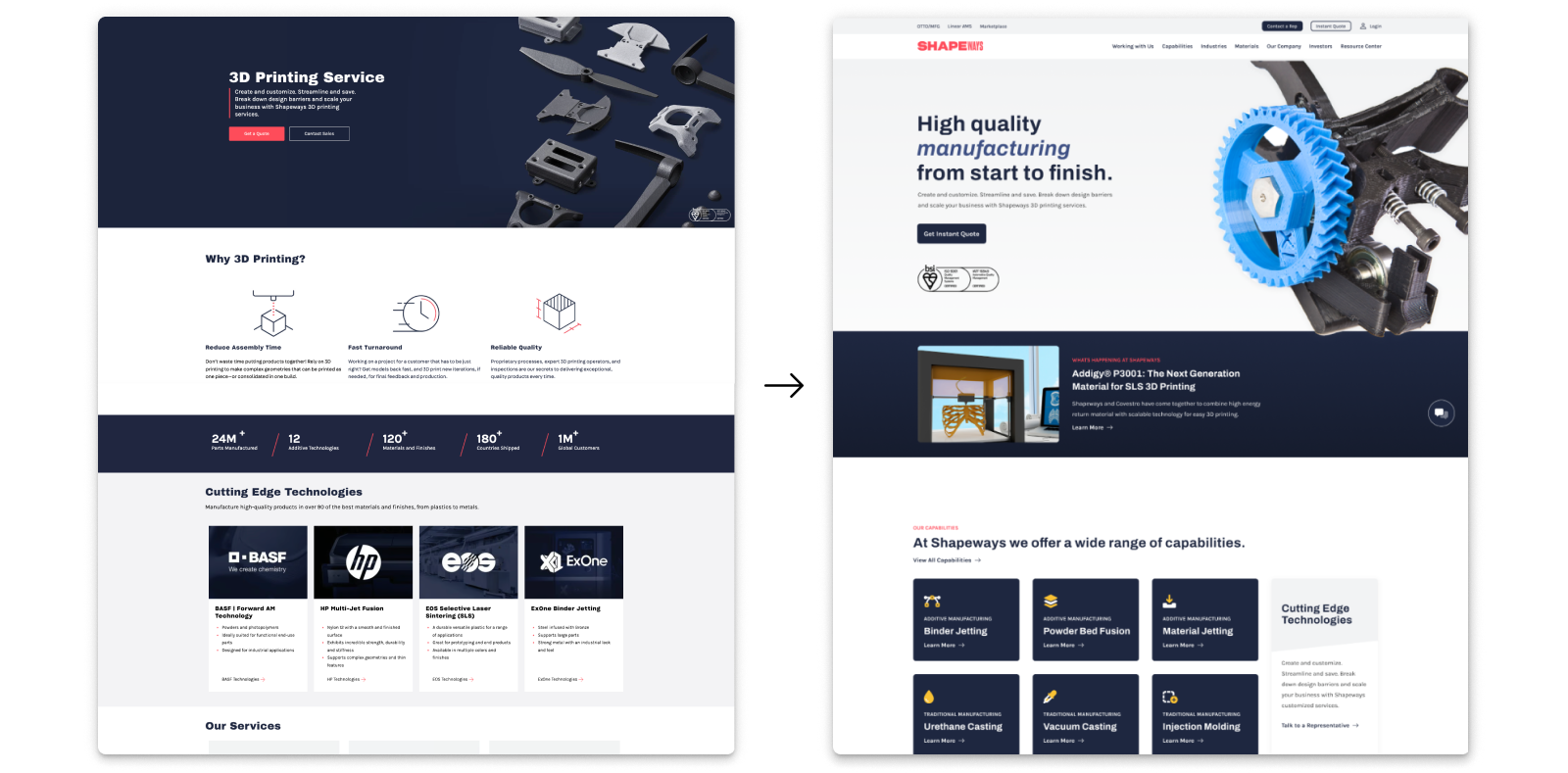 Before and after of the Shapeways home page.